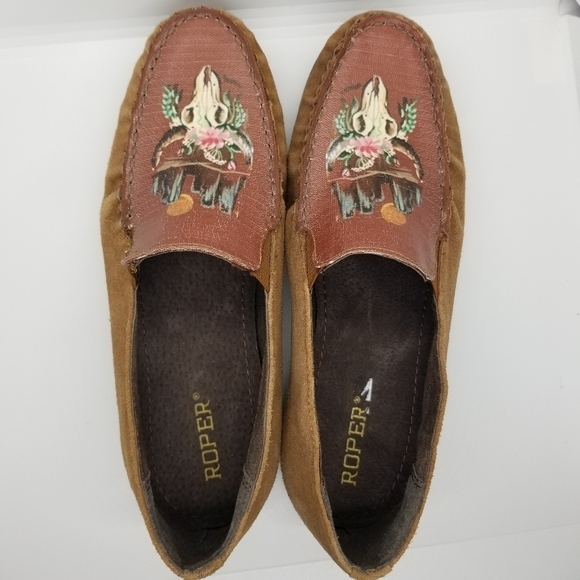 Roper brown suede western cow skull moccasins slip on loafers size 10 - Picture 4 of 9